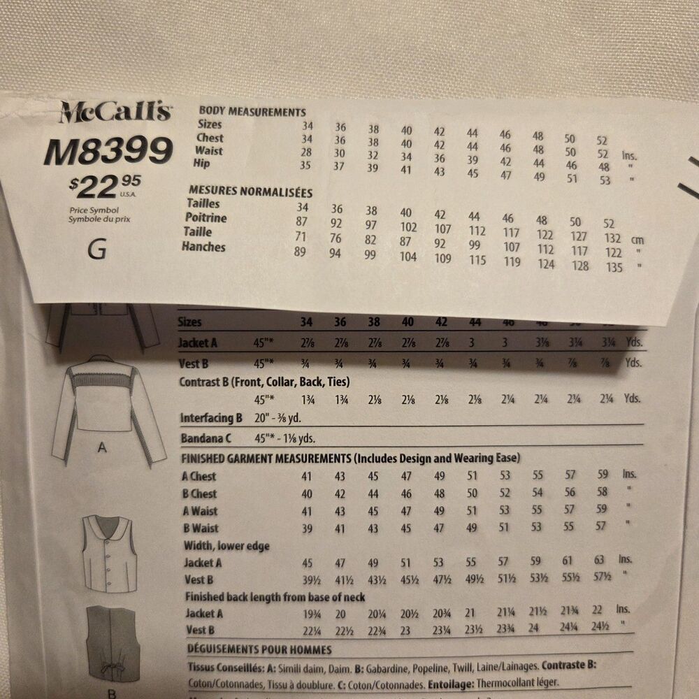 McCalls M8399 Mens Jacket Cowboy Costume Size 44 to 52 Sewing Pattern UNCUT - Picture 4 of 5